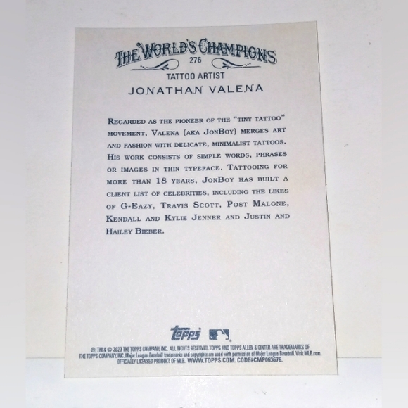 Jonathan Valena Tattoo Artist Topps Allen & Ginter 2023 #276 - Picture 2 of 2